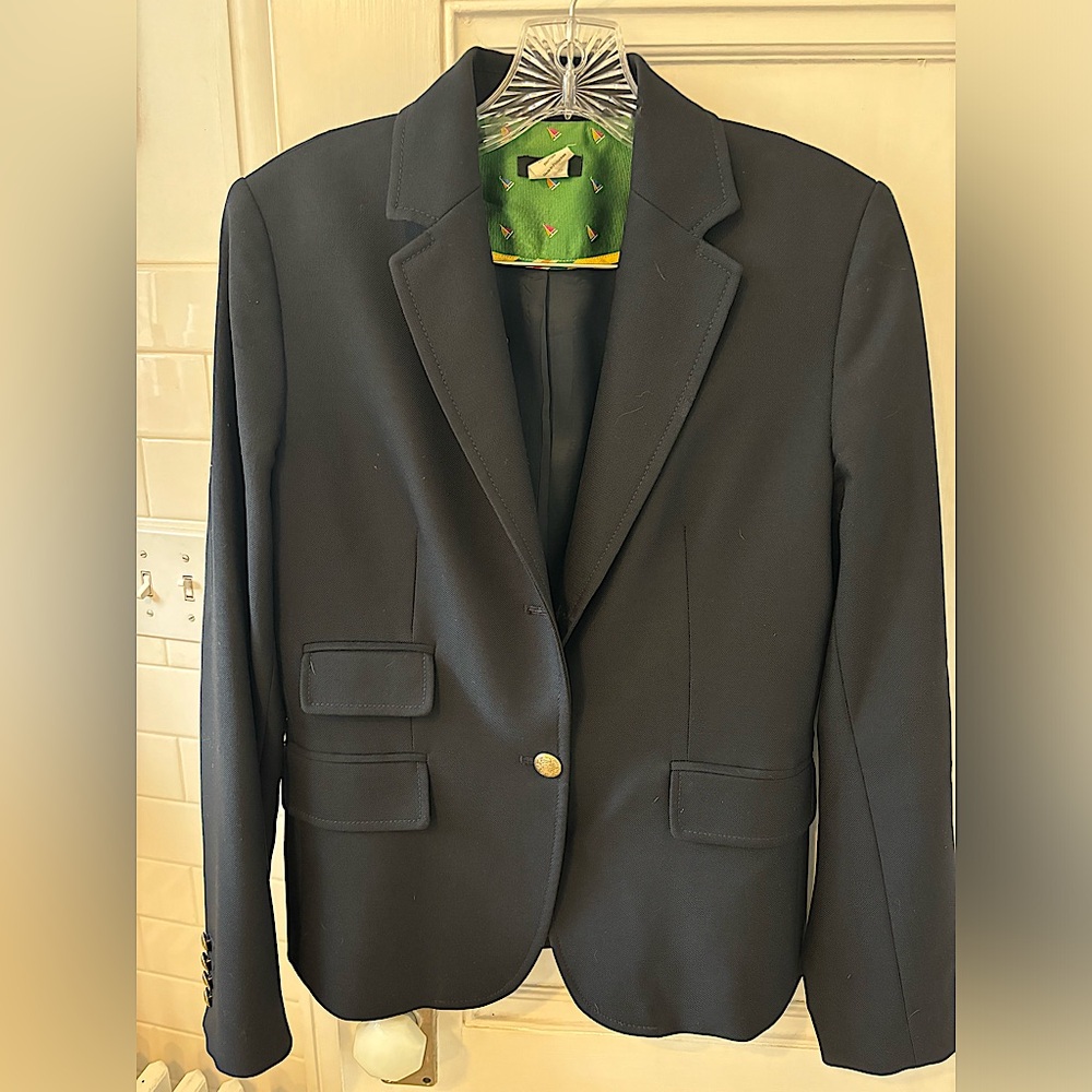 Vintage J Crew navy wool blazer with gold buttons. Size 6.